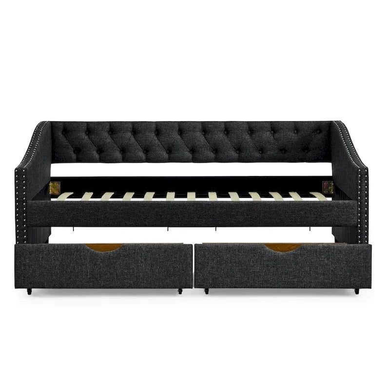 Twin Size Linen Upholstered Daybed Frame with 2 Drawers, Buttons Tufted Backrest, Copper Nail Decoration