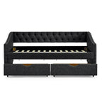 Twin Size Linen Upholstered Daybed Frame with 2 Drawers, Buttons Tufted Backrest, Copper Nail Decoration
