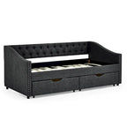 Twin Size Linen Upholstered Daybed Frame with 2 Drawers, Buttons Tufted Backrest, Copper Nail Decoration