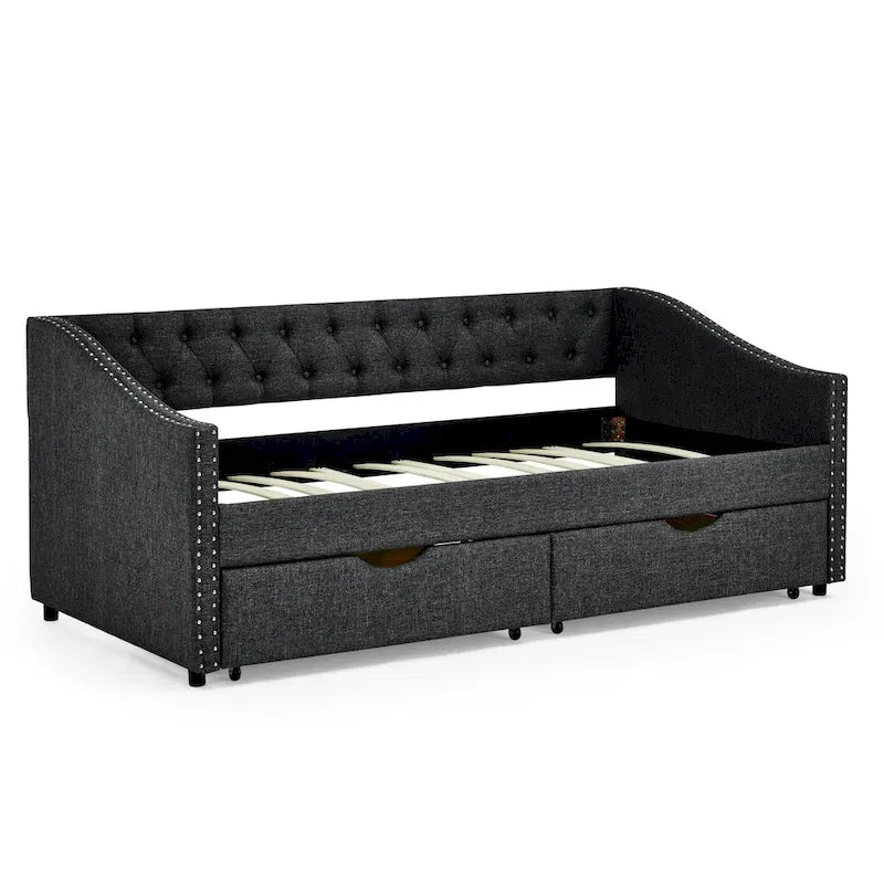 Twin Size Linen Upholstered Daybed Frame with 2 Drawers, Buttons Tufted Backrest, Copper Nail Decoration