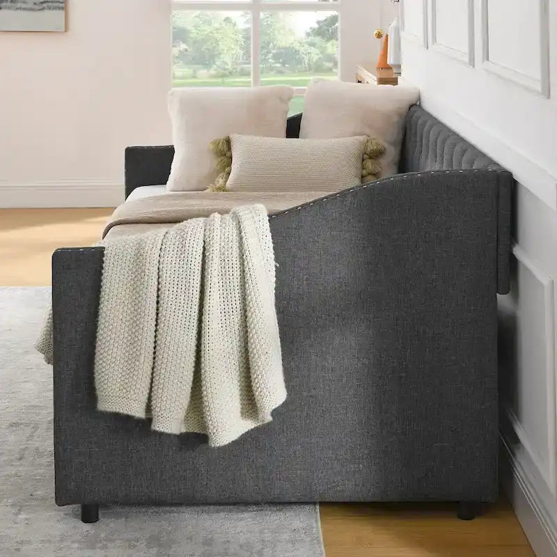 Twin Size Linen Upholstered Daybed Frame with 2 Drawers, Buttons Tufted Backrest, Copper Nail Decoration