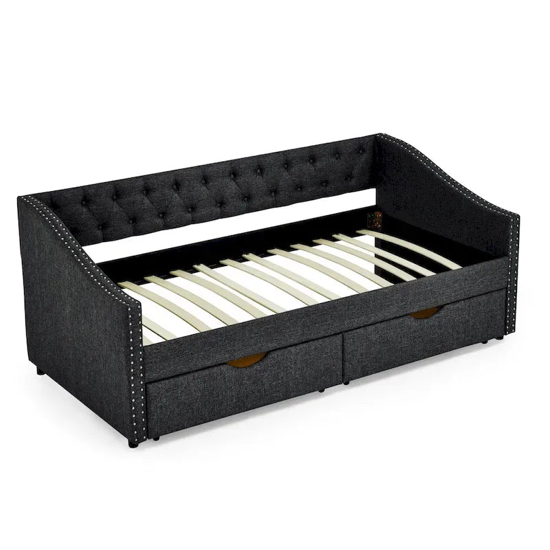 Twin Size Linen Upholstered Daybed Frame with 2 Drawers, Buttons Tufted Backrest, Copper Nail Decoration