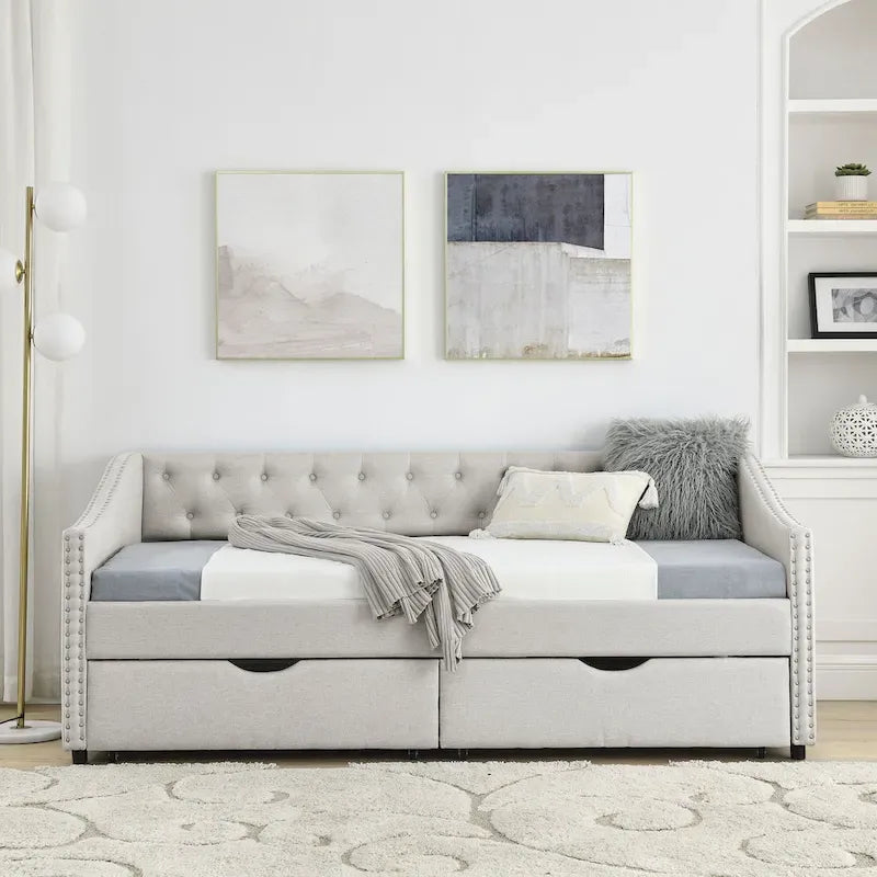 Twin Size Linen Upholstered Daybed Frame with 2 Drawers, Buttons Tufted Backrest, Copper Nail Decoration