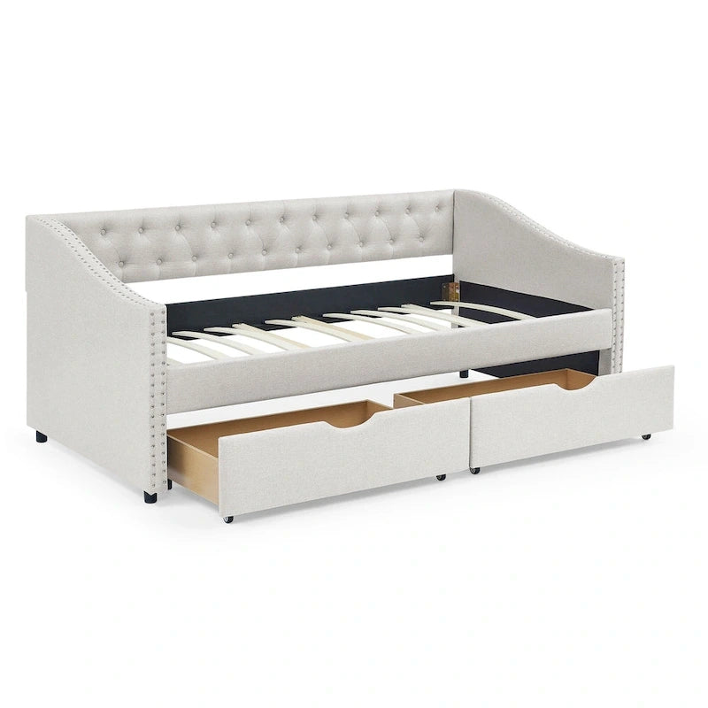 Twin Size Linen Upholstered Daybed Frame with 2 Drawers, Buttons Tufted Backrest, Copper Nail Decoration