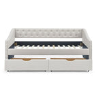 Twin Size Linen Upholstered Daybed Frame with 2 Drawers, Buttons Tufted Backrest, Copper Nail Decoration