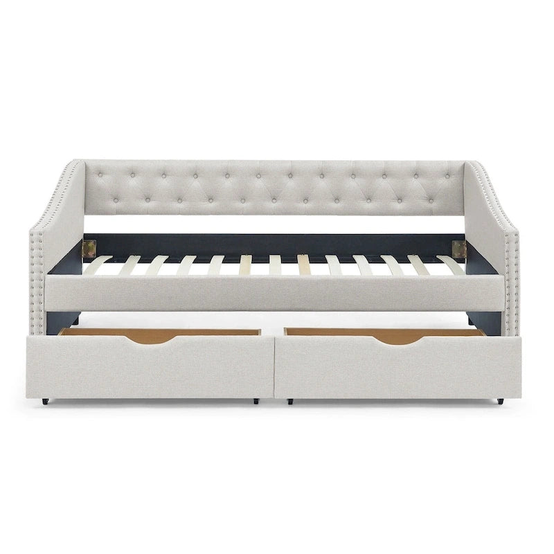 Twin Size Linen Upholstered Daybed Frame with 2 Drawers, Buttons Tufted Backrest, Copper Nail Decoration