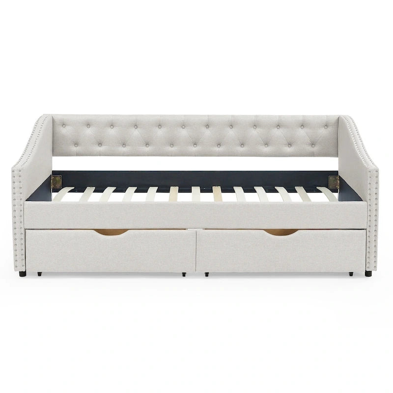 Twin Size Linen Upholstered Daybed Frame with 2 Drawers, Buttons Tufted Backrest, Copper Nail Decoration