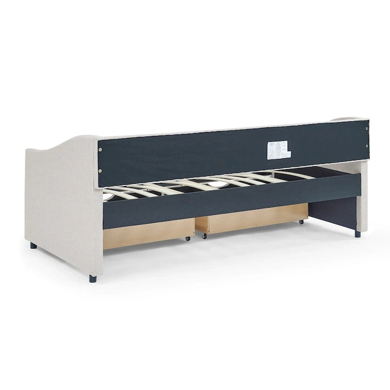 Twin Size Linen Upholstered Daybed Frame with 2 Drawers, Buttons Tufted Backrest, Copper Nail Decoration
