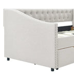 Twin Size Linen Upholstered Daybed Frame with 2 Drawers, Buttons Tufted Backrest, Copper Nail Decoration