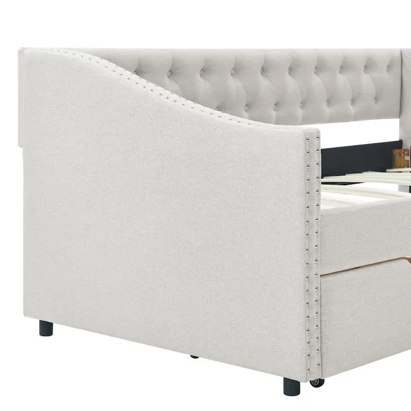 Twin Size Linen Upholstered Daybed Frame with 2 Drawers, Buttons Tufted Backrest, Copper Nail Decoration