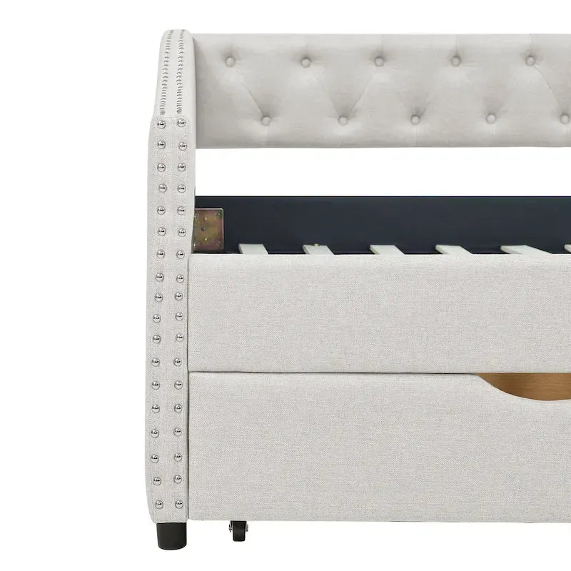 Twin Size Linen Upholstered Daybed Frame with 2 Drawers, Buttons Tufted Backrest, Copper Nail Decoration