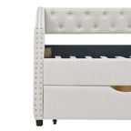 Twin Size Linen Upholstered Daybed Frame with 2 Drawers, Buttons Tufted Backrest, Copper Nail Decoration