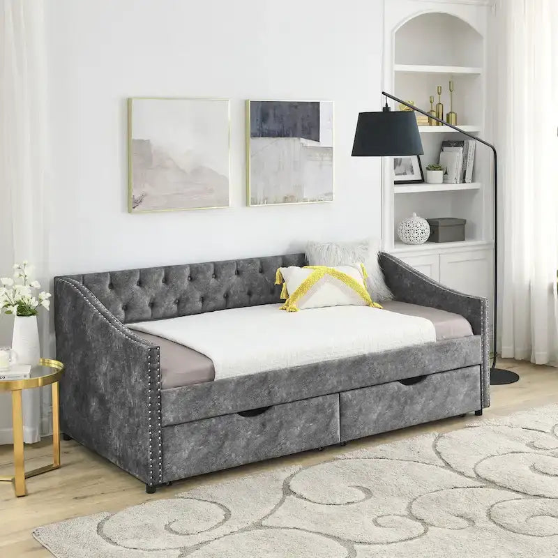 Twin Size Linen Upholstered Daybed Frame with 2 Drawers, Buttons Tufted Backrest, Copper Nail Decoration
