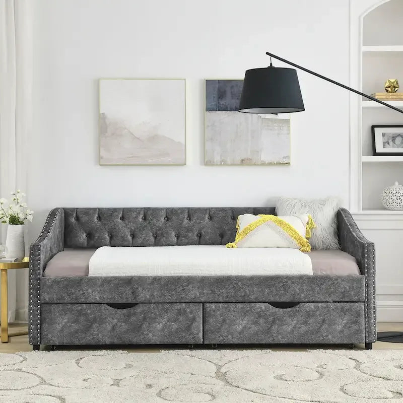 Twin Size Linen Upholstered Daybed Frame with 2 Drawers, Buttons Tufted Backrest, Copper Nail Decoration