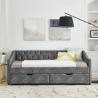 Twin Size Linen Upholstered Daybed Frame with 2 Drawers, Buttons Tufted Backrest, Copper Nail Decoration
