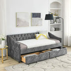 Twin Size Linen Upholstered Daybed Frame with 2 Drawers, Buttons Tufted Backrest, Copper Nail Decoration