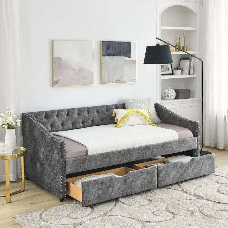 Twin Size Linen Upholstered Daybed Frame with 2 Drawers, Buttons Tufted Backrest, Copper Nail Decoration