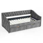 Twin Size Linen Upholstered Daybed Frame with 2 Drawers, Buttons Tufted Backrest, Copper Nail Decoration