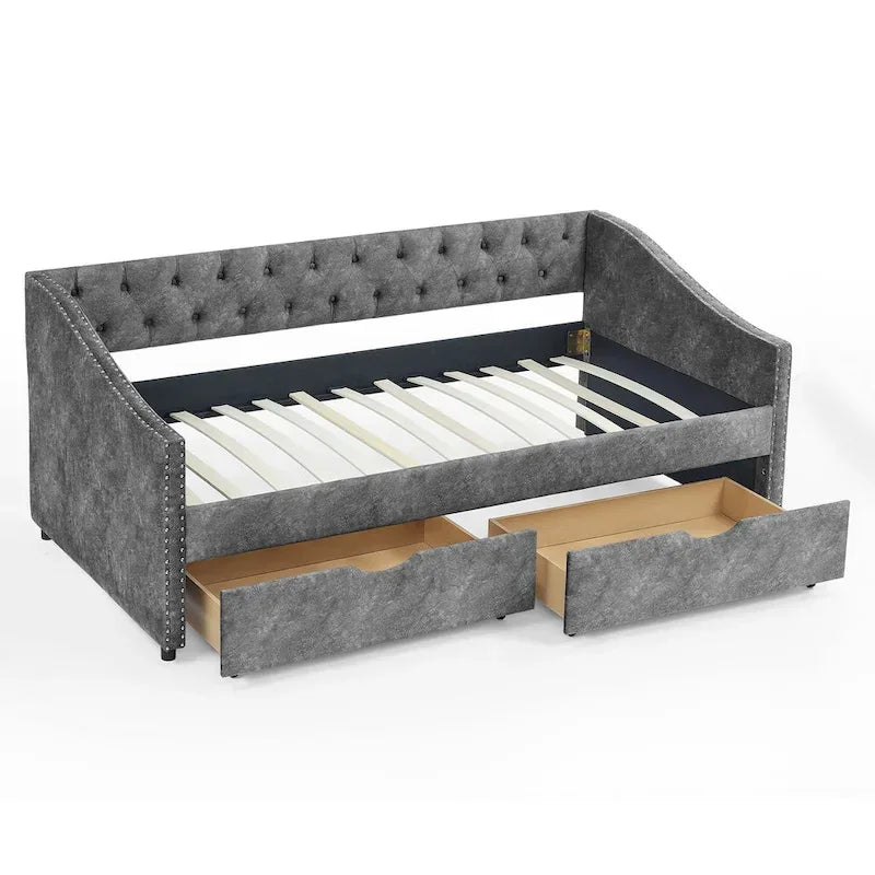 Twin Size Linen Upholstered Daybed Frame with 2 Drawers, Buttons Tufted Backrest, Copper Nail Decoration