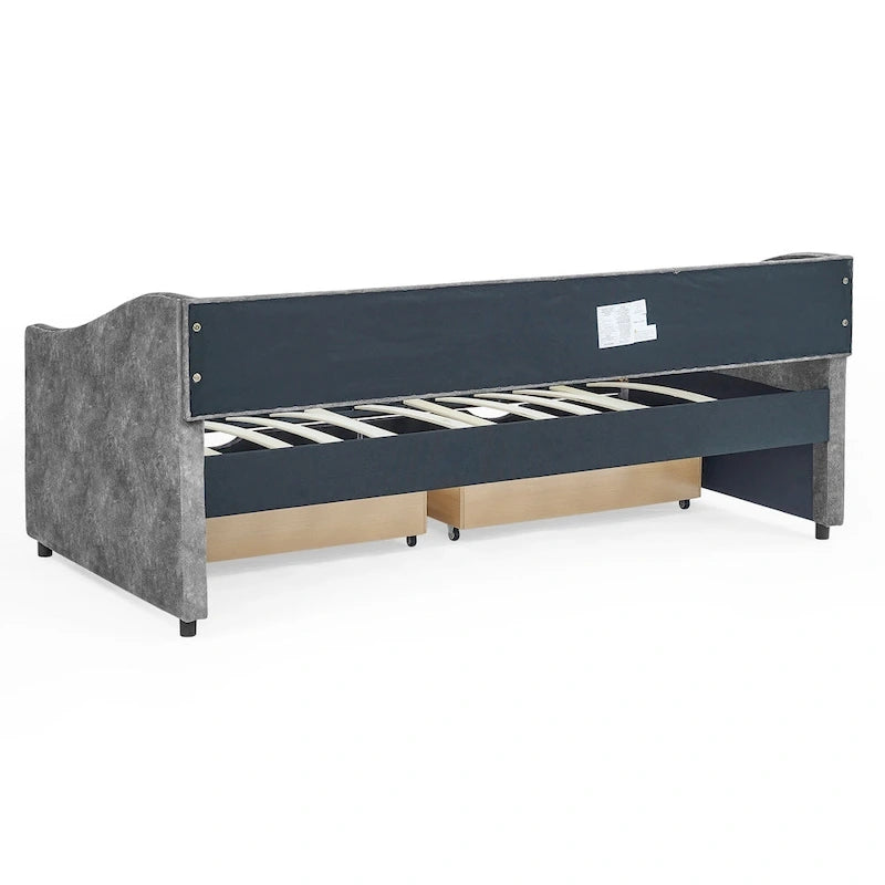 Twin Size Linen Upholstered Daybed Frame with 2 Drawers, Buttons Tufted Backrest, Copper Nail Decoration