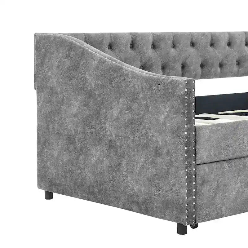 Twin Size Linen Upholstered Daybed Frame with 2 Drawers, Buttons Tufted Backrest, Copper Nail Decoration