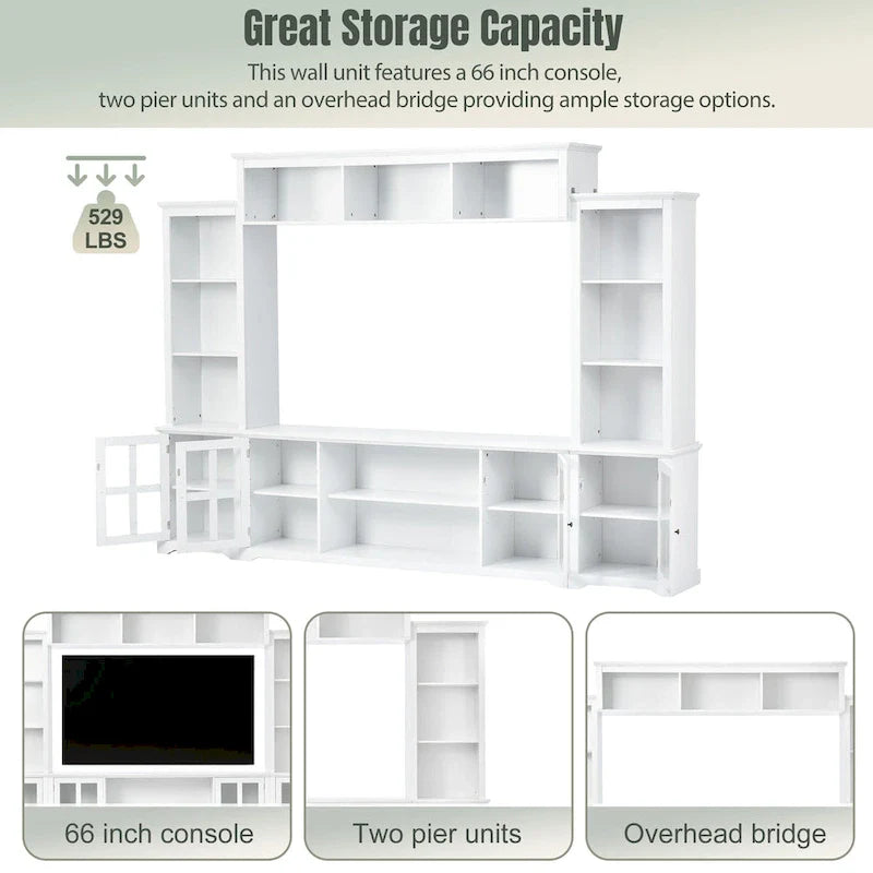 Entertainment Wall Unit with Bridge, Tempered Glass Doors for TVs Up to 70