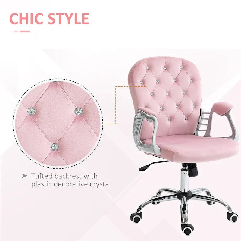 Velvet Adjustable Height Home Office Chair w/ Padded Armrests & Wheel - N/A