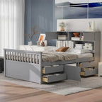 Twin/Full Size Captain Platform Bed with 4 Drawers and Storage Shelves, Solid Wood Bed Frame with Storage Bookcase Headboard