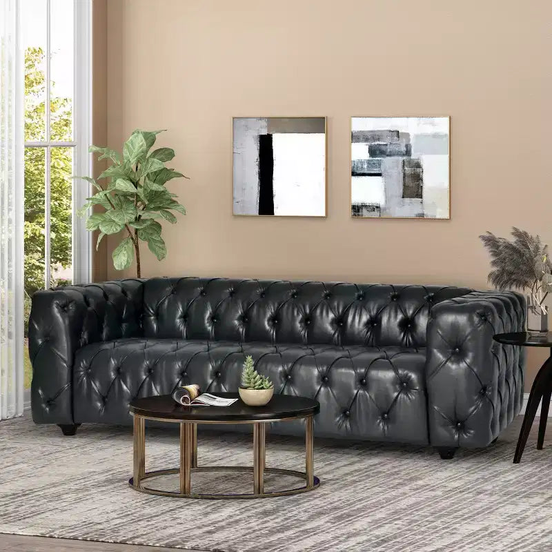 Sagewood Contemporary Faux Leather Tufted 3 Seater Sofa Midnight Black/Dark Brown - Christopher Knight Home