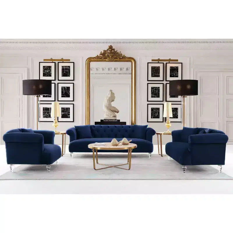 Elegance Contemporary Loveseat Sofas Blue/Acrylic: Velvet Upholstery, Acrylic Legs, No Assembly - Armen Living