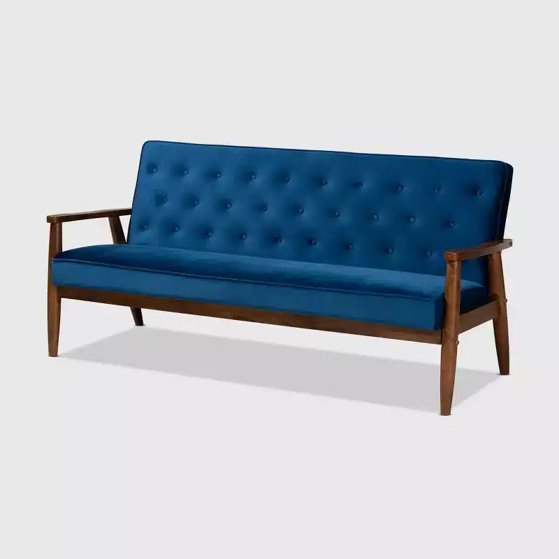 Sorrento Velvet Upholstered Wooden 3 Seater Sofa Navy Blue/Brown - Baxton Studio: Danish Design, Rubberwood Frame