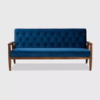 Sorrento Velvet Upholstered Wooden 3 Seater Sofa Navy Blue/Brown - Baxton Studio: Danish Design, Rubberwood Frame