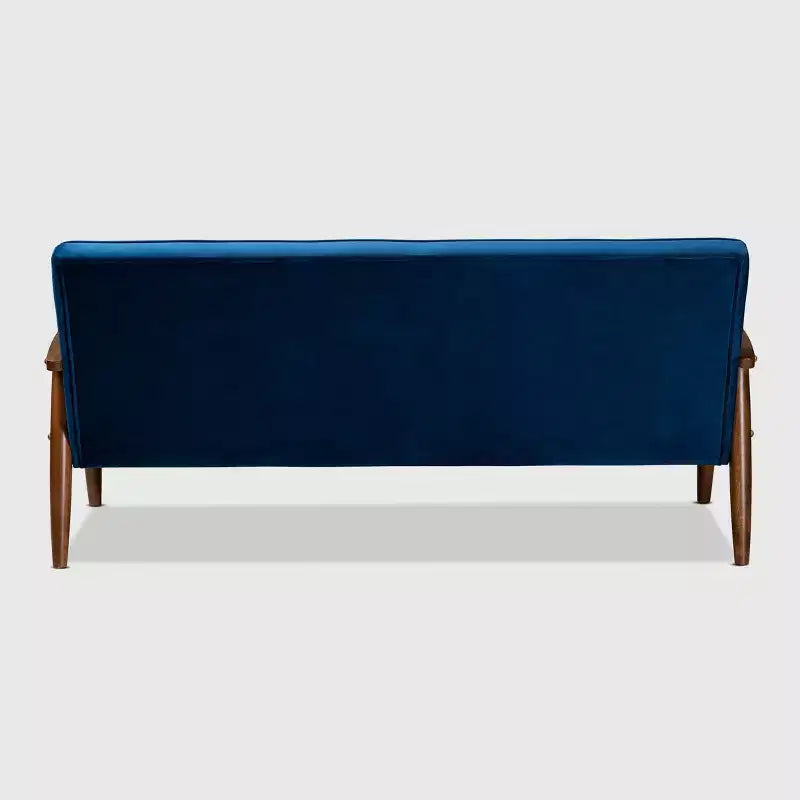 Sorrento Velvet Upholstered Wooden 3 Seater Sofa Navy Blue/Brown - Baxton Studio: Danish Design, Rubberwood Frame