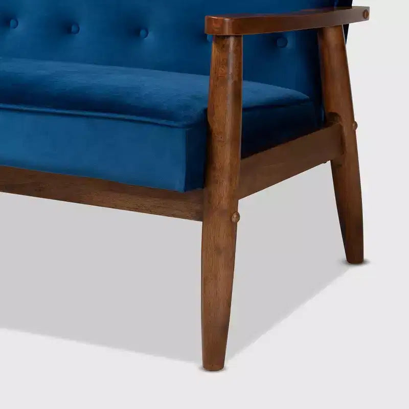 Sorrento Velvet Upholstered Wooden 3 Seater Sofa Navy Blue/Brown - Baxton Studio: Danish Design, Rubberwood Frame