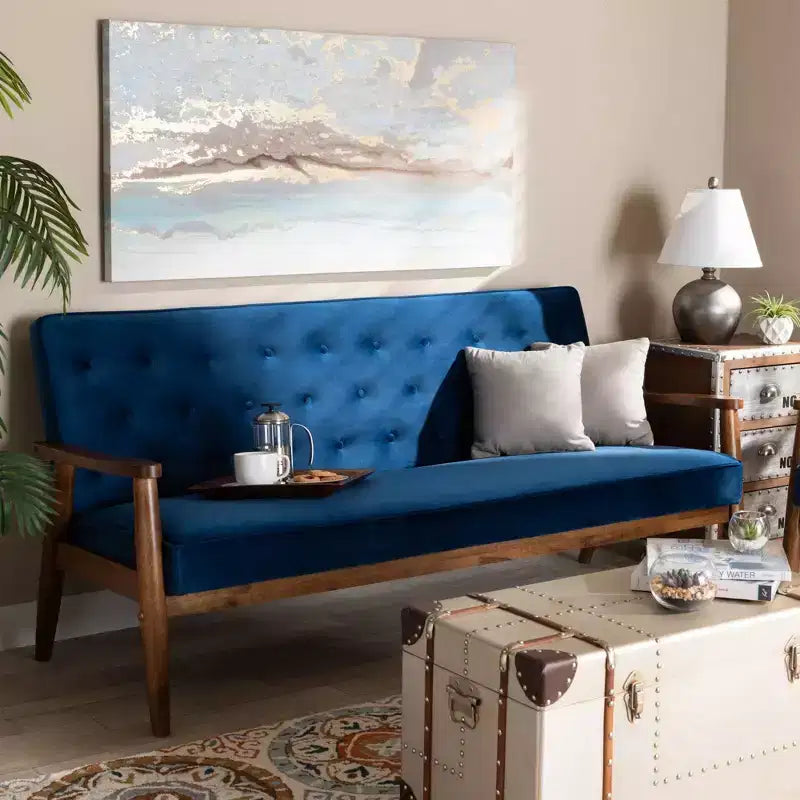 Sorrento Velvet Upholstered Wooden 3 Seater Sofa Navy Blue/Brown - Baxton Studio: Danish Design, Rubberwood Frame