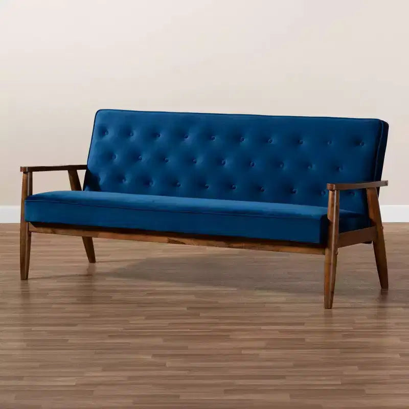 Sorrento Velvet Upholstered Wooden 3 Seater Sofa Navy Blue/Brown - Baxton Studio: Danish Design, Rubberwood Frame