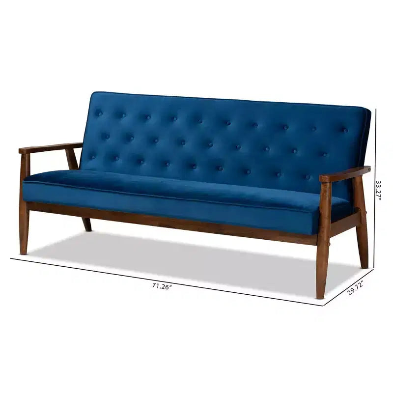 Sorrento Velvet Upholstered Wooden 3 Seater Sofa Navy Blue/Brown - Baxton Studio: Danish Design, Rubberwood Frame
