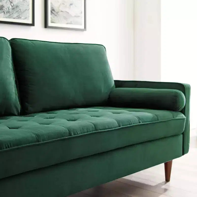 Canapé Valour Performance en Velours Vert - Modway : Design capitonné Mid-Century, Pieds teintés noyer, Capacité 400 kg