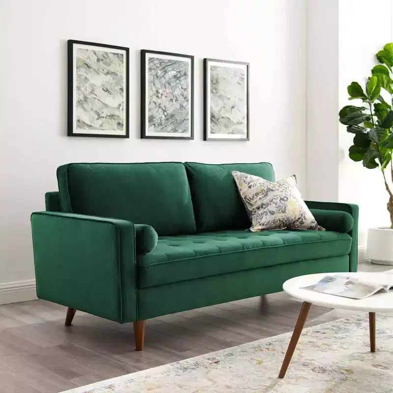Canapé Valour Performance en Velours Vert - Modway : Design capitonné Mid-Century, Pieds teintés noyer, Capacité 400 kg