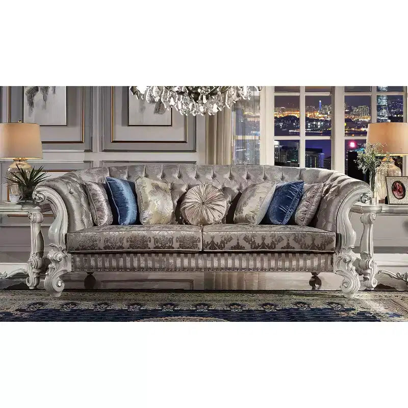 99" Versailles Sofa Ivory Fabric and Bone White Finish - Acme Furniture: Crescent-Shaped, Nailhead Trim, No Assembly Required