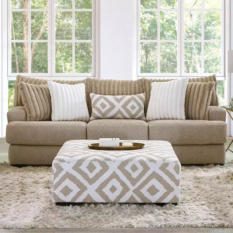 HOMES: Inside + Out Telven 98" Sofa Chenille Channel Tufted with Pillows Light Brown
