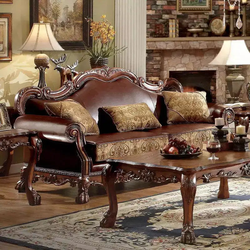 Acme Furniture 89" Dresden Sofa Brown Synthetic Leather/Chenille/Cherry Oak