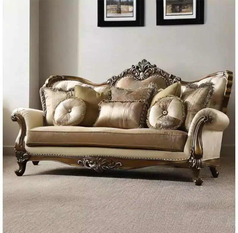 Canapé Latisha 88" en tissu beige/chêne antique Acme Furniture : Comprend 4 coussins, des clous décoratifs, un cadre en bois
