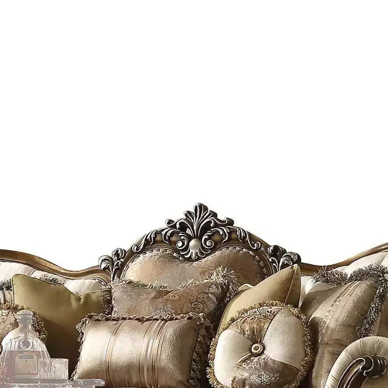 Canapé Latisha 88" en tissu beige/chêne antique Acme Furniture : Comprend 4 coussins, des clous décoratifs, un cadre en bois