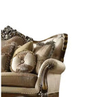 Canapé Latisha 88" en tissu beige/chêne antique Acme Furniture : Comprend 4 coussins, des clous décoratifs, un cadre en bois