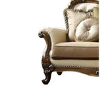 Canapé Latisha 88" en tissu beige/chêne antique Acme Furniture : Comprend 4 coussins, des clous décoratifs, un cadre en bois