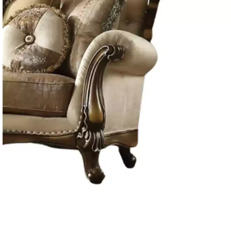 Canapé Latisha 88" en tissu beige/chêne antique Acme Furniture : Comprend 4 coussins, des clous décoratifs, un cadre en bois
