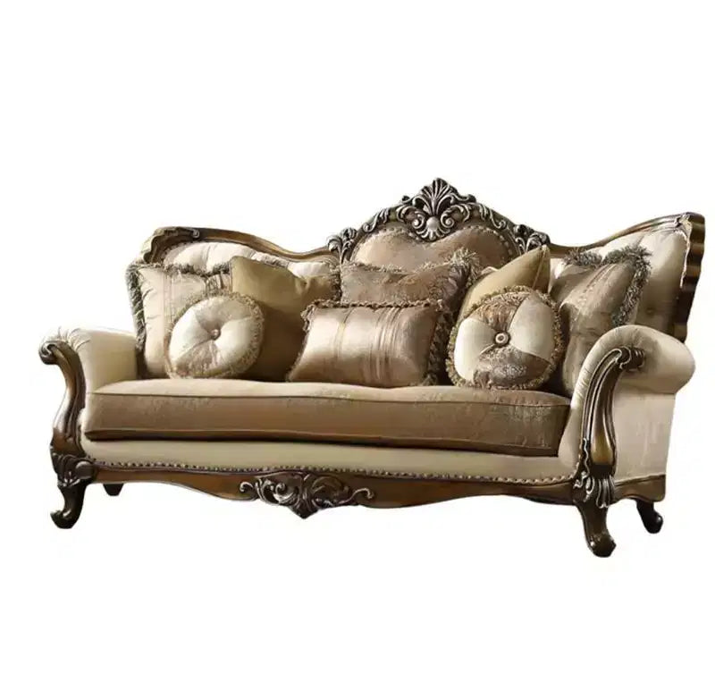 Canapé Latisha 88" en tissu beige/chêne antique Acme Furniture : Comprend 4 coussins, des clous décoratifs, un cadre en bois