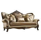 Canapé Latisha 88" en tissu beige/chêne antique Acme Furniture : Comprend 4 coussins, des clous décoratifs, un cadre en bois
