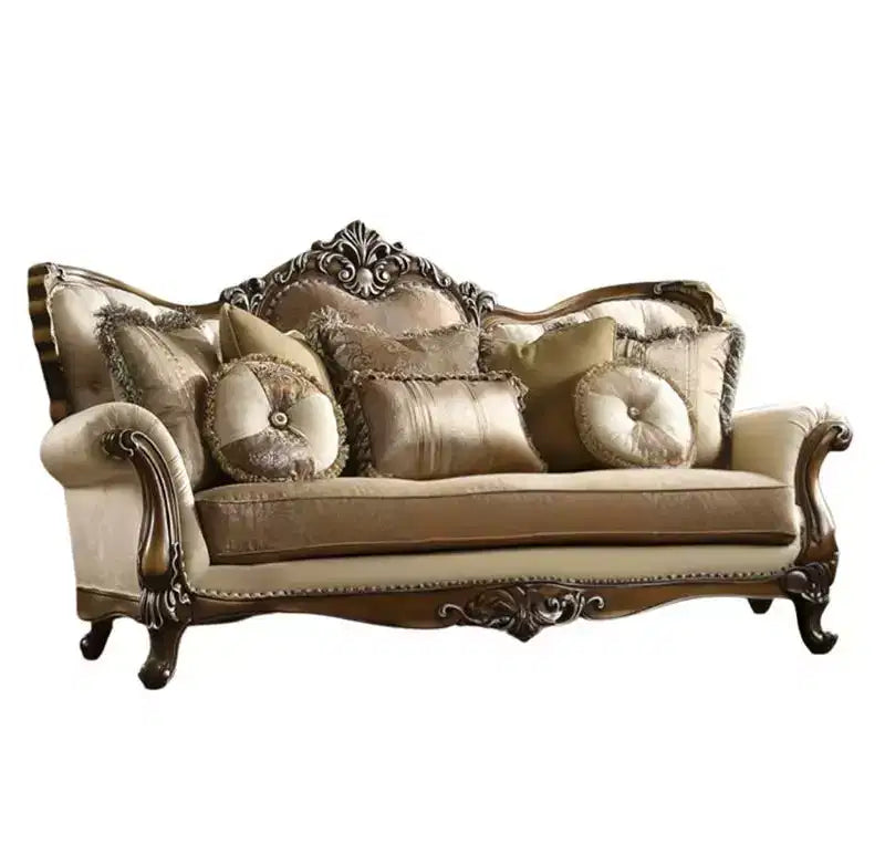 Canapé Latisha 88" en tissu beige/chêne antique Acme Furniture : Comprend 4 coussins, des clous décoratifs, un cadre en bois